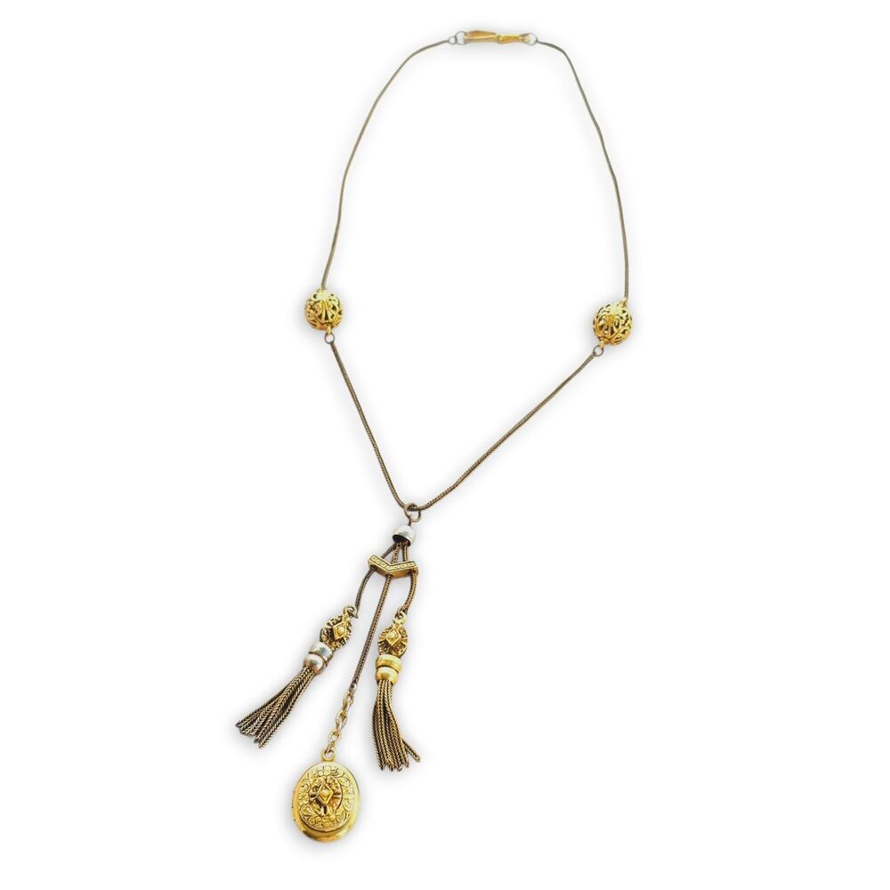 Vintage 70's Victorian Gold Tone Locket Lariat Necklace Art Deco Whimsy Japan